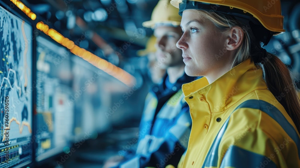 Poster a male and female technician in high-visibility jackets analyze data on a digital interface in a net