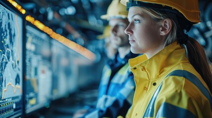 A male and female technician in high-visibility jackets analyze data on a digital interface in a network operations center. Generative AI.