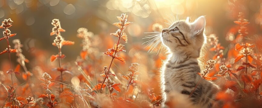 A curious tabby kitten exploring a sunlit garden, with tall grass swaying in the gentle breeze, Wallpaper Pictures, Background Hd
