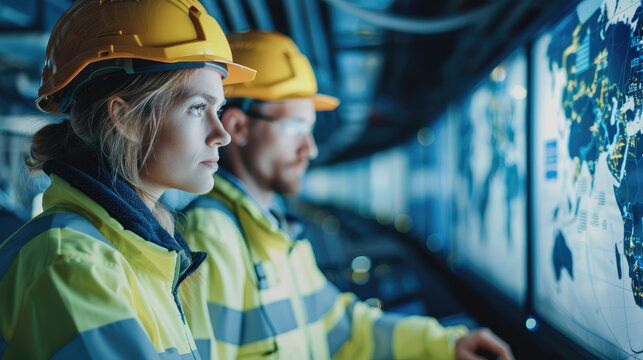 A male and female technician in high-visibility jackets analyze data on a digital interface in a network operations center. Generative AI.