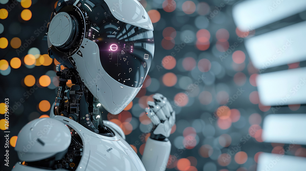 Poster AI content creation robot managing many social media accounts. Generative AI.