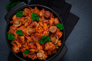 Bigos, bigus is a national Polish dish, made of cabbage and meat, stewed, homemade, no people,