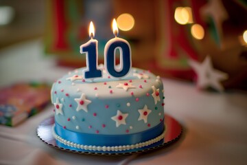 10. Geburtstag, blauer Geburtstagskuchen mit einer 