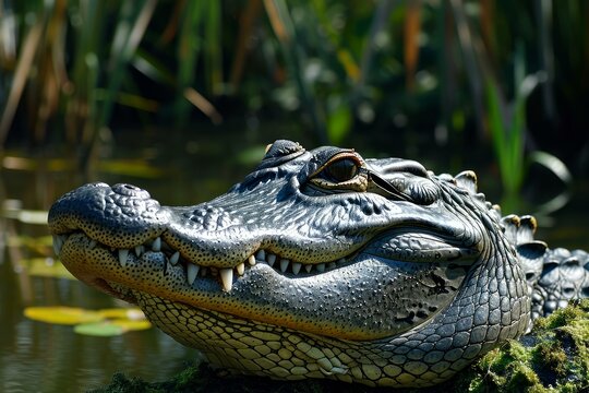 Fearsome Alligator head. Tropical reptile wild. Generate Ai