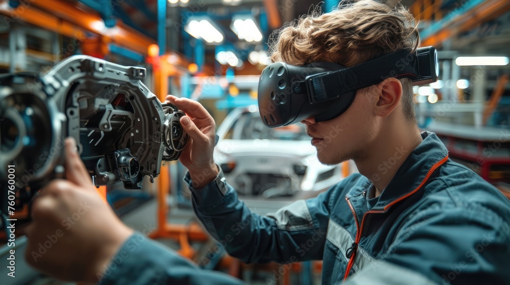 Aufkleber Industrial automotive production and an engineer using VR glasses to observe the mechanical part of a car. Generative AI.