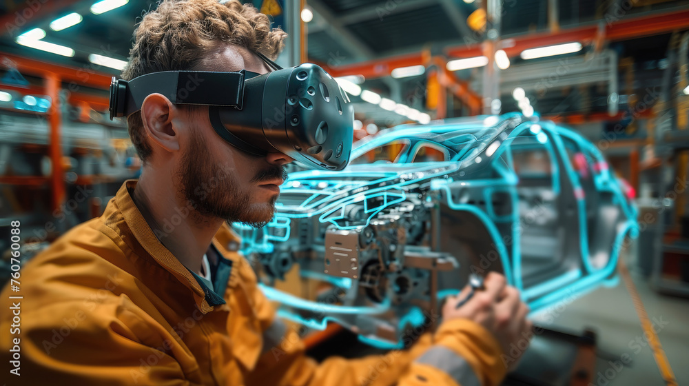 Poster Industrial automotive production and an engineer using VR glasses to observe the mechanical part of a car. Generative AI.