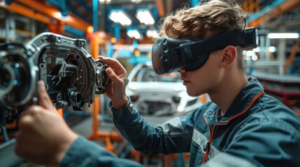 Industrial automotive production and an engineer using VR glasses to observe the mechanical part of a car. Generative AI.