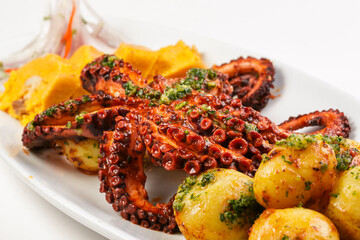 A plate of food with a large grilled octopus on it and a side of potatoes