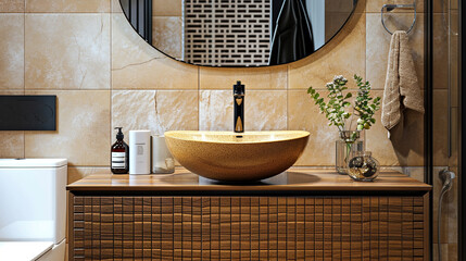 Contemporary round beige stone sink, wooden shelf vanity, wall hung toilet bathroom, minimalist...