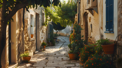 Narrow street in an old European city on a hot summer day.