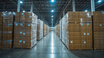 Large spacious warehouse with high racks and pallets with boxes. Cardboard boxes are packed in polyethylene stretch film.