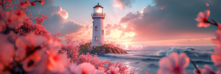 lighthouse and pink flowers. scenery - obrazy, fototapety, plakaty