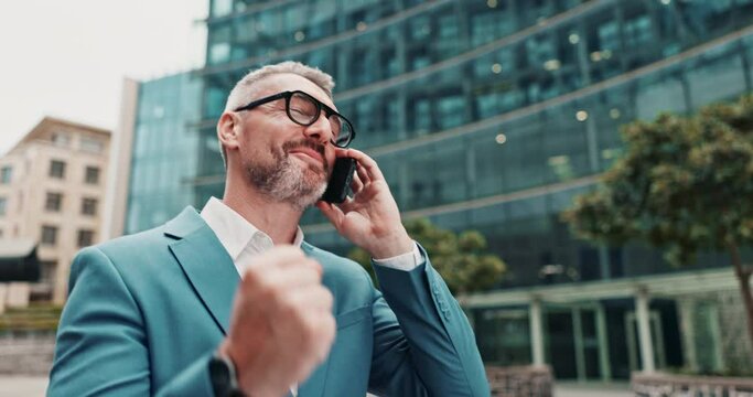 Happy senior, businessman and walking with phone call for success, winning or deal in city. Excited, mature man or employee with smile on mobile smartphone for conversation, good news or discussion