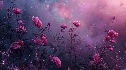 Fototapeta na wymiar Pink flowers and foliage with a mystical overlay of a starry night sky