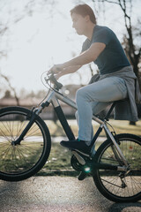 Young adult male casually riding a bicycle, bathed in sunlight with a serene park backdrop.