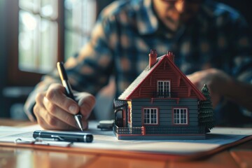 real estate photo of a toy house in front of a man signing papers - obrazy, fototapety, plakaty