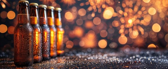 A festive display of beer bottles lined up against the backdrop of a dazzling fireworks show, each bottle glistening with condensation in the glow of the colorful explosions - obrazy, fototapety, plakaty