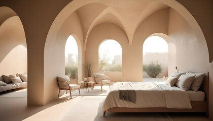 Soft morning light filters through the round arches, casting gentle shadows on the textured beige...