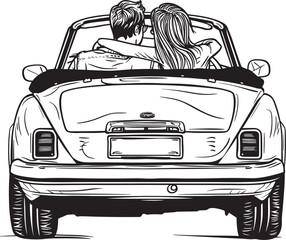 Freedom Drive Vector Logo Design of Loving Couple in Convertible Car Coasting Love Emblematic Icon of Couples Back View in Convertible