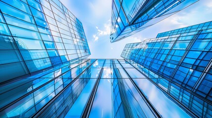 Obraz premium The glass Windows of modern office buildings reflect the blue sky and clouds, symbolizing the transparency of business practices.