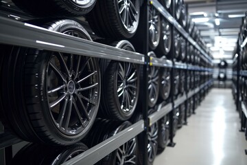 Fototapeta premium Shiny Alloy wheels automobile on service center racks. Auto replacement wheels in transport garage. Generate ai
