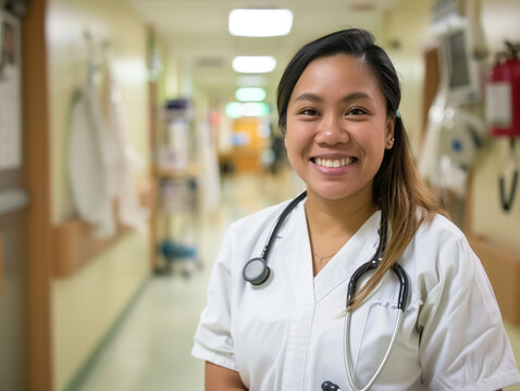 Happy female filipina nurse working in hospital - Standing on the aisle during a working shift. Happy to help assist and take care of people.