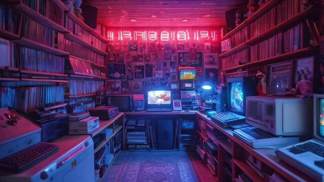 immersive retro gaming room filled with vintage consoles, games, and memorabilia under a neon light