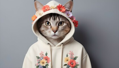 cat wearing embellished hoodie with flowers, 8k