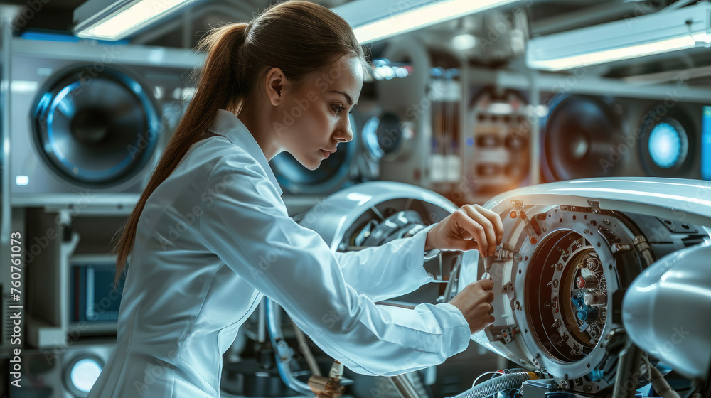 Poster female engineer is fitting a futuristic car body part in a futuristic laboratory. generative ai.