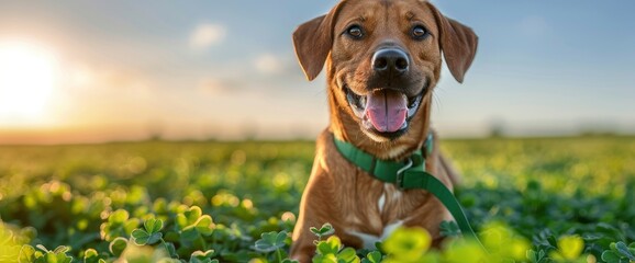 A happy Irish Wolfhound adorned with green ribbons, frolicking in a field of clovers on a sunny St Patrick's Day morning, Wallpaper Pictures, Background Hd - obrazy, fototapety, plakaty