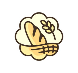 Bakery shop emblem, bread, bake and bakery. Breads in basket, baguette, loaf, long loaf, food and meal, illustration