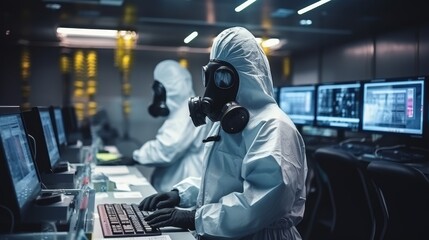 Obraz premium Scientist full face protection mask in control room with radiation hazard sign