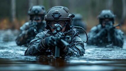 focused group of tactical gear and weapons moving through water in a covert operation