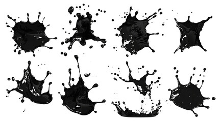 Set of black Ink drops, blots, splashes on transparent background, png.