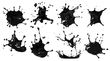Set of black Ink drops, blots, splashes on transparent background, png.
