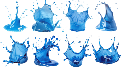 Set of blue Ink drops, blots, splashes on transparent background, png