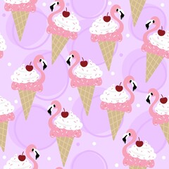 seamless pattern with flamingos ice cream