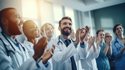 A group of healthcare professionals in lab coats clapping and smiling, seemingly celebrating or acknowledging a success or achievement. - obrazy, fototapety, plakaty