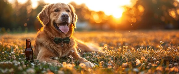 A joyful Golden Retriever wearing a green bowtie, sitting in a sunny backyard adorned with St. Patrick's Day decorations and holding a beer bottle in its mouth