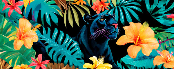 A vivid black panther lurks among lush tropical flora with bright orange and pink flowers, exuding mystery and grace in a vibrant jungle setting. - obrazy, fototapety, plakaty