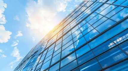 The glass Windows of modern office buildings reflect the blue sky and clouds, symbolizing the transparency of business practices. - obrazy, fototapety, plakaty