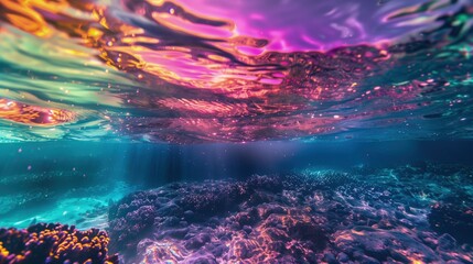 Podwodny widok oceanu z tęczowym blaskiem na wodzie - obrazy, fototapety, plakaty