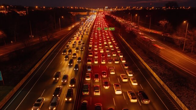 Widok z powietrza na autostradę w nocy z intensywnym ruchem drogowym wiosną.