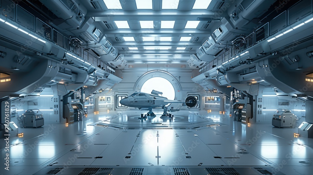 Poster a large hangar on the space station. the hangar has two floors and houses one spaceship. generative 