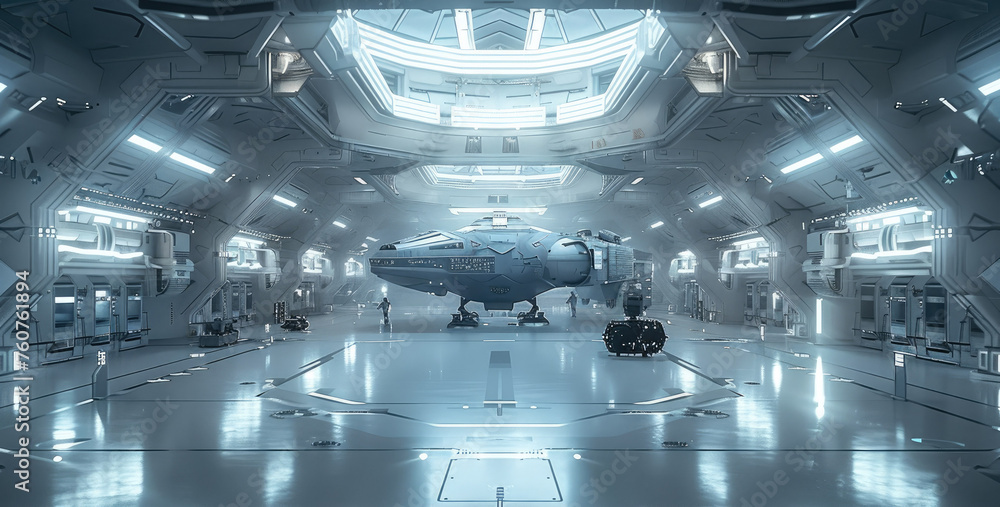 Aufkleber a large hangar on the space station. the hangar has two floors and houses one spaceship. generative 