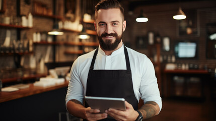 Cheerful tattooed male barber with a beard and a fashionable hairstyle holding tablet against barbershop in the background - obrazy, fototapety, plakaty