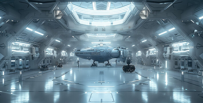 A large hangar on the space station. The hangar has two floors and houses one spaceship. Generative AI.