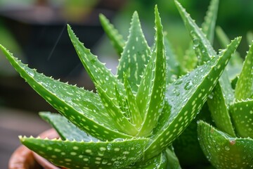 Thick Aloe vera leaves. Green drop. Generate Ai - obrazy, fototapety, plakaty
