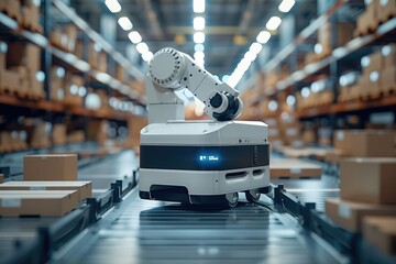 AI Automation in Logistics. Automated Robot Carriers In Smart Distribution Warehouse. Generative AI.