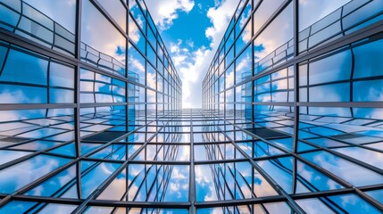The glass Windows of modern office buildings reflect the blue sky and clouds, symbolizing the transparency of business practices.
